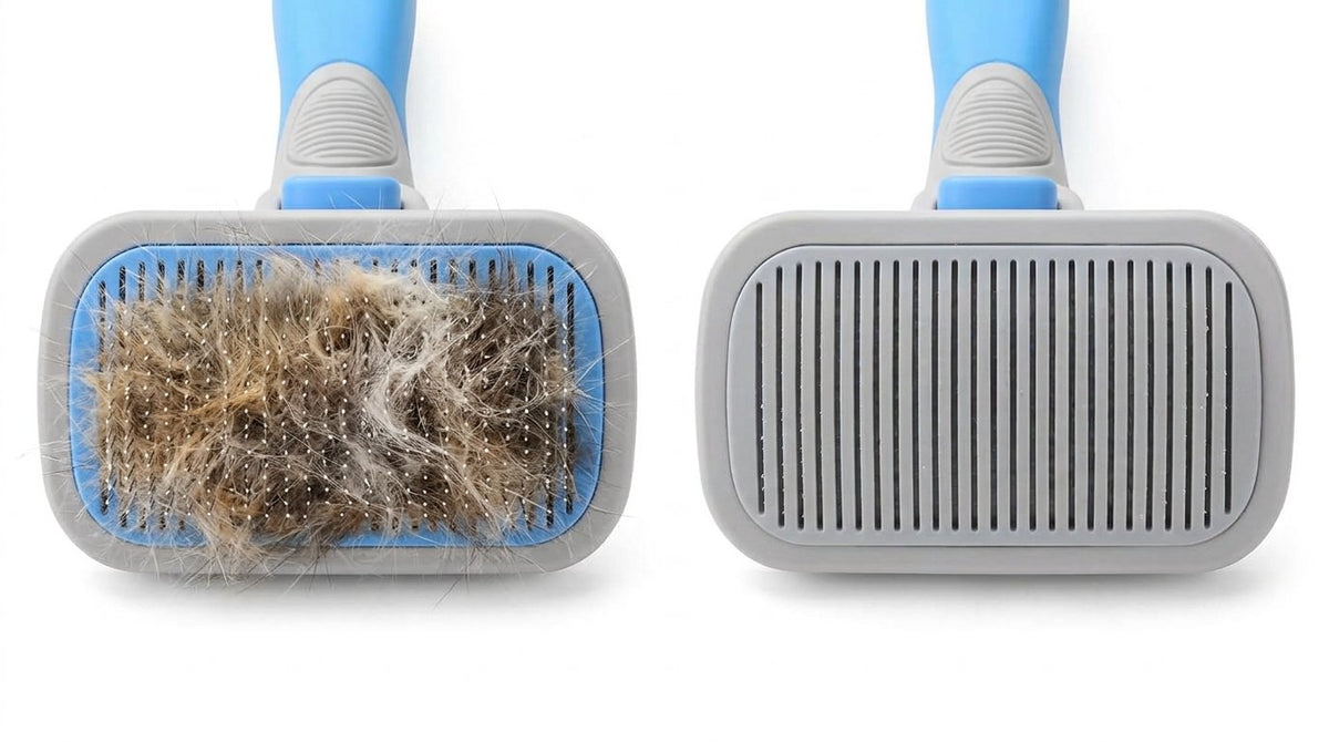 Avant après : poils accumulés puis brosse nettoyée