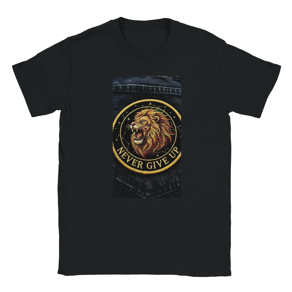 T-shirt Lion Never Give Up – Badge denim