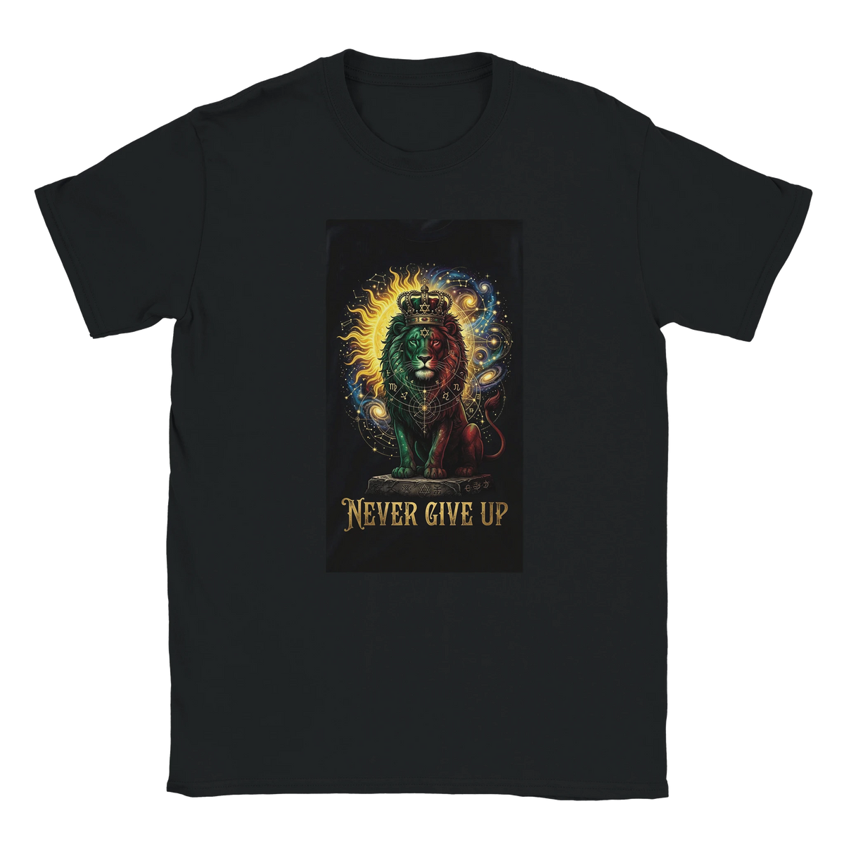 T-shirt Lion Never Give Up – Portrait cosmique