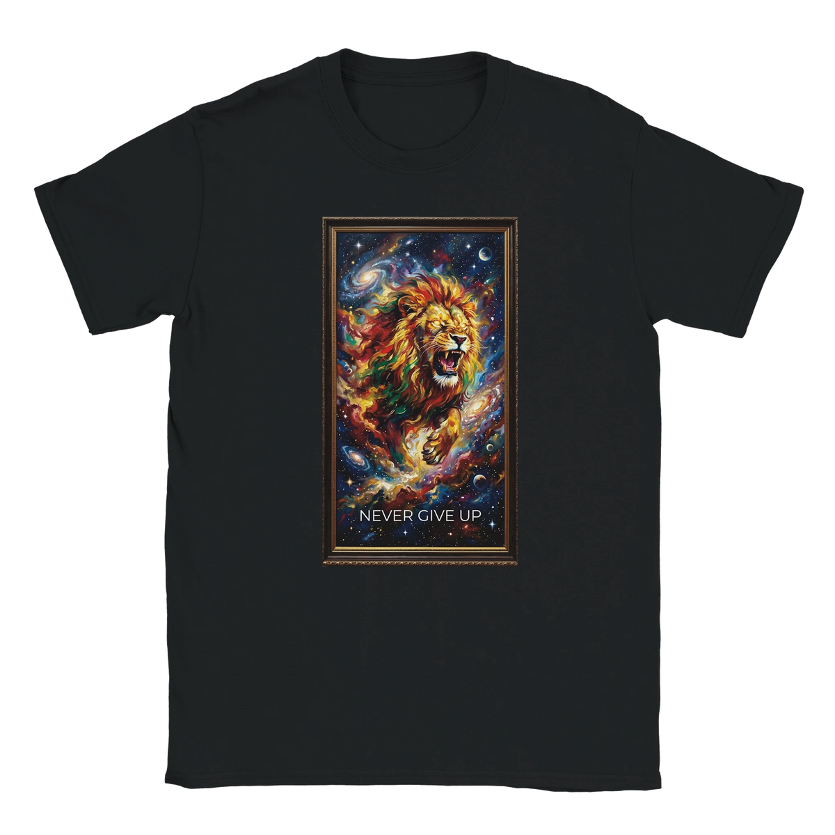 T-shirt Lion Never Give Up – Portrait cosmique
